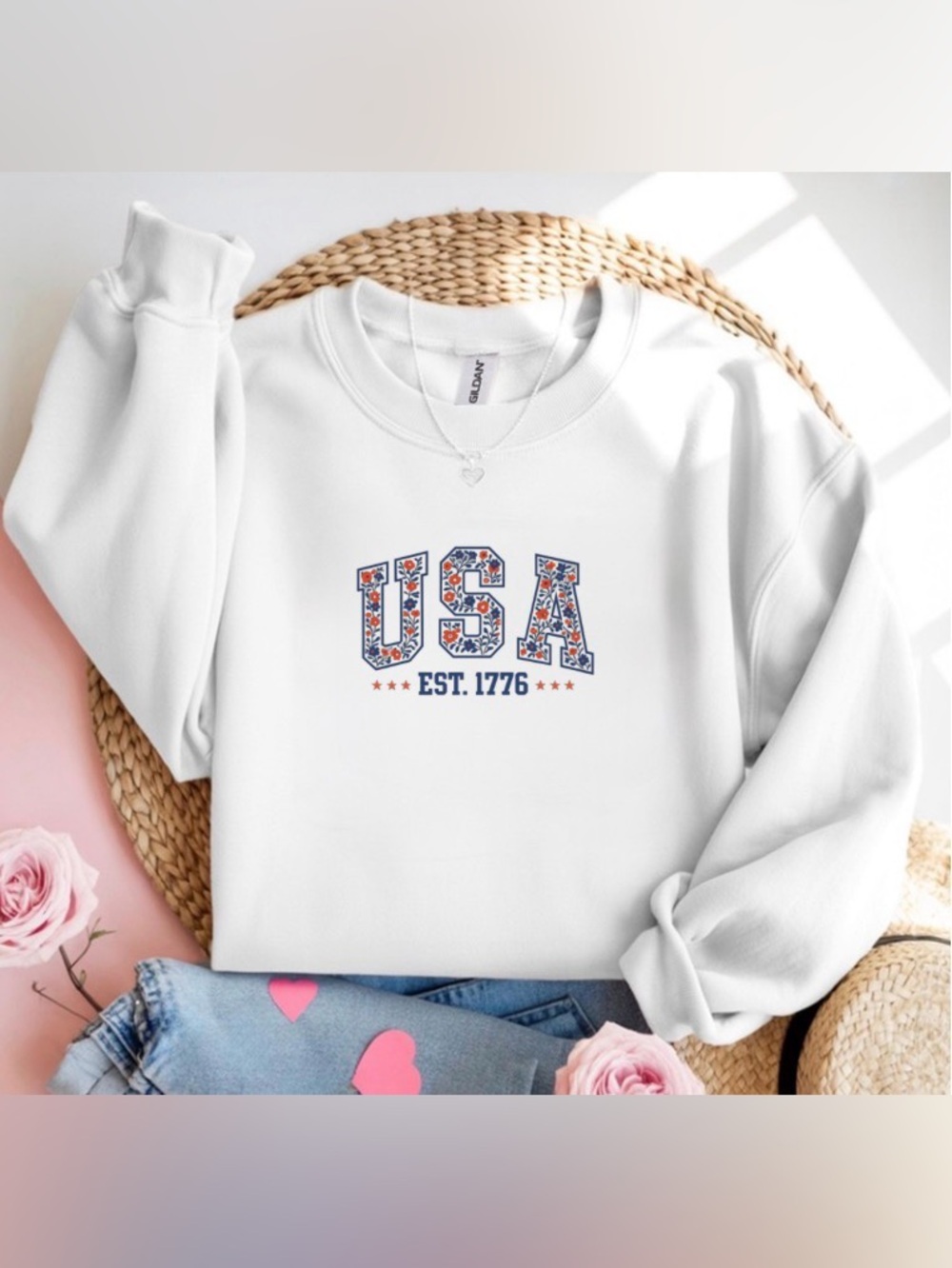 USA Est 1776 Floral Graphic White Crewneck Sweatshirt Patriotic Women